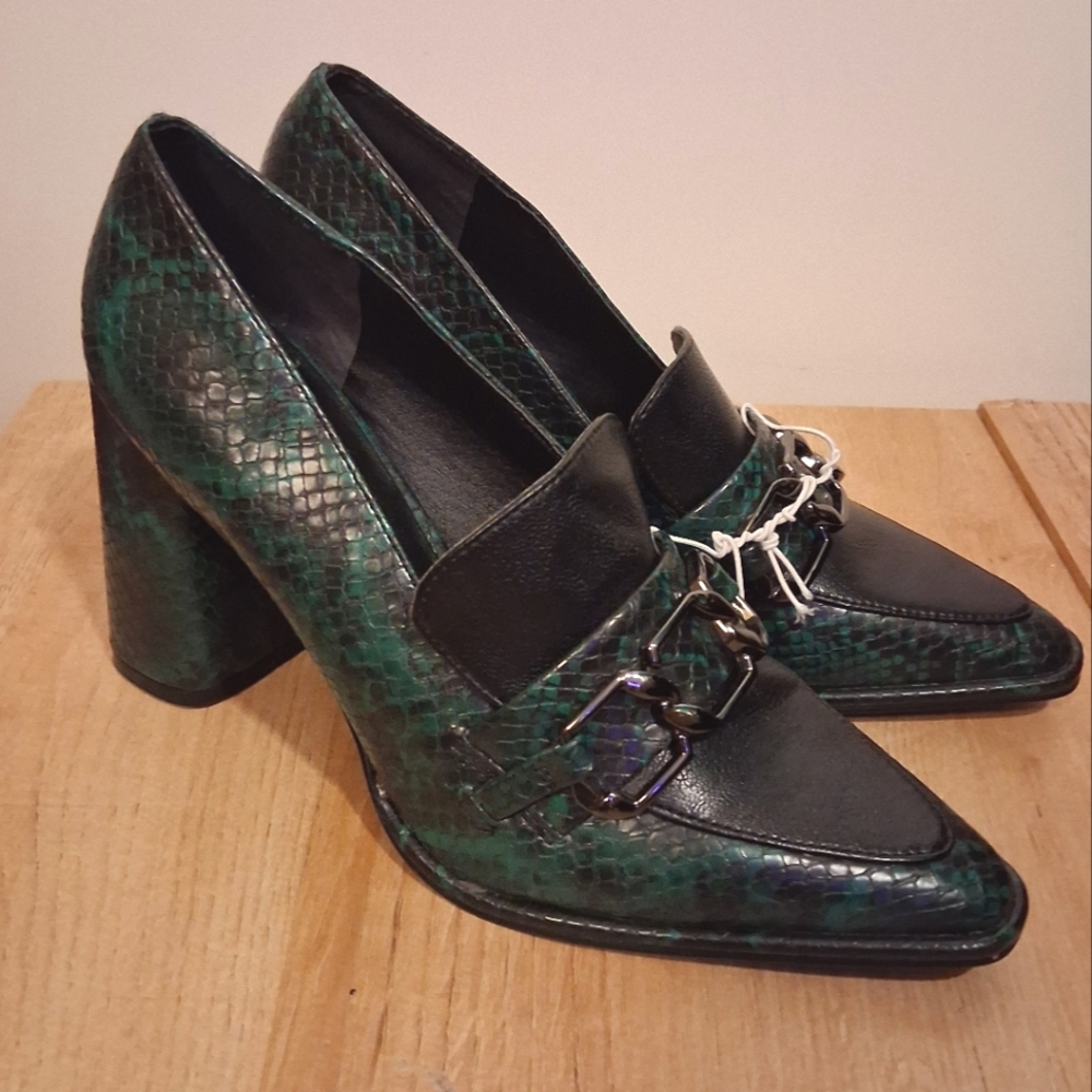 Like New Nordstrom Rack Women Oslo Block Heel Green Snake Print Slip On Sz 6
